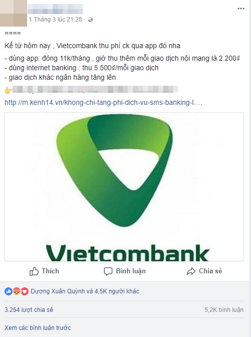 Thay đổi phí dịch vụ Vietcombank kể từ 1/3/2018